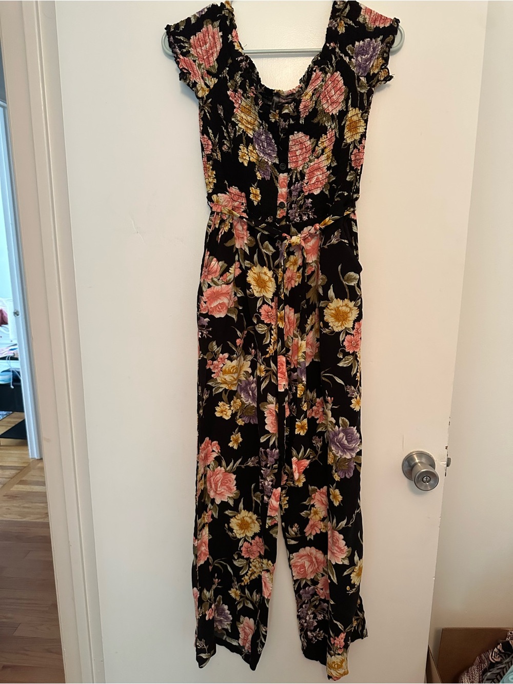 Nevena Rae Black Floral Wide-Leg Jumpsuit with Tie Waist
